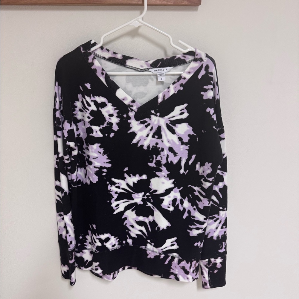 Athleta Black and Lavender Tie-Dye Long Sleeve Top